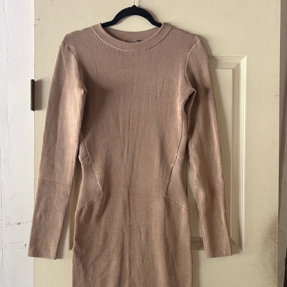 Marciano Long Sleeve Rib-Knit Dress in Taupe Beige